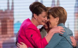 Leanne Wood (Plaid Cymru), Natalie Bennett (Greens), and Nicola Sturgeon (SNP) hugging it out after the ITV Leaders' Debate. Photo: Flickr / Plaid Cymru
