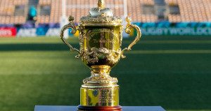 The Webb Ellis Trophy, currently in New Zealand's possession. 