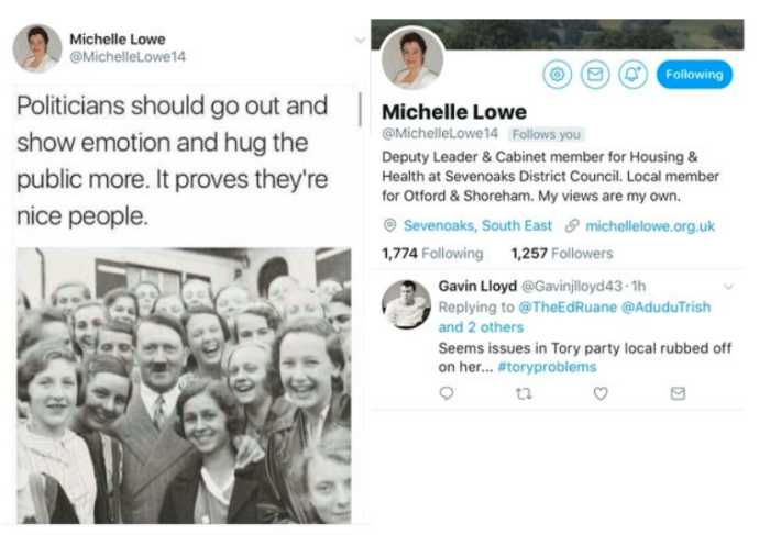 Screenshot of Michelle Lowe's tweet. Hitler surrounded by young women. Caption reads: "Politicians should go out and show emotion and hug the public more. It proves they're nice people."