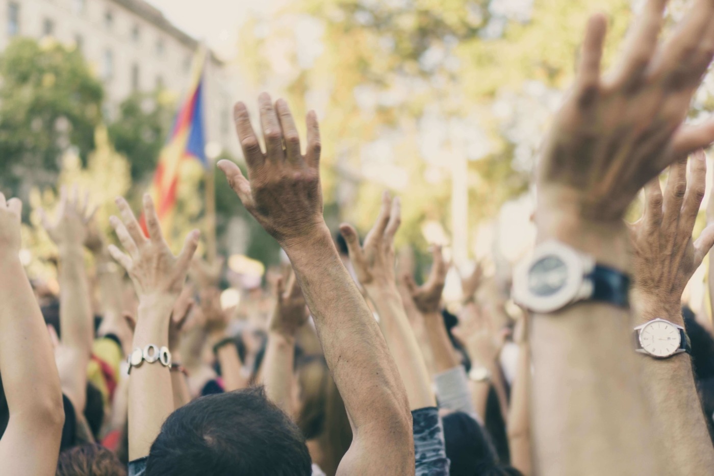 Protestors raising their arms in a crowd / Image: Unsplash