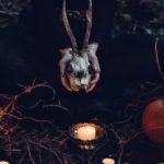 Pumpkins and lights in a scary forest - modern horror