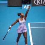 Serena Williams serving at Rod Laver Arena in 2020