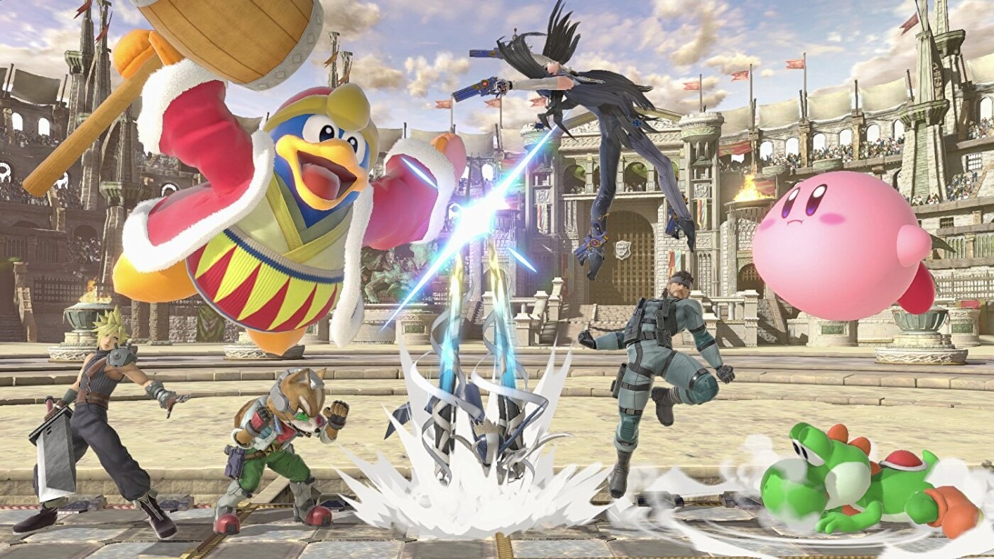 Seven Nintendo characters fighting