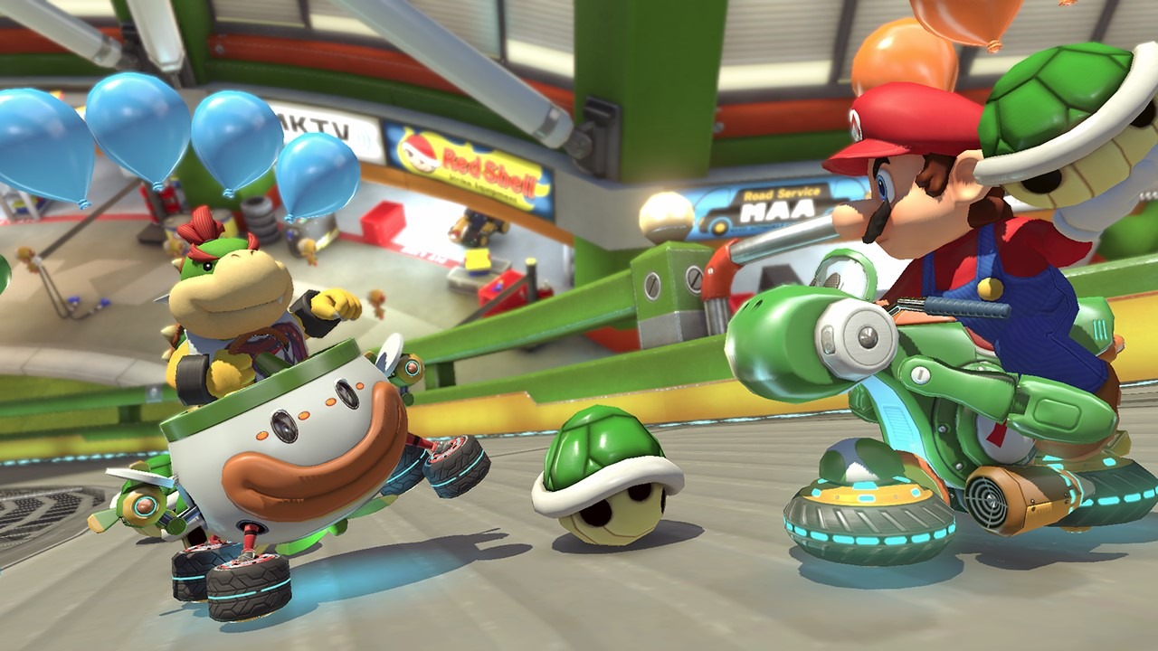 Mario and Bowser Jr in karts in Mario Kart 8