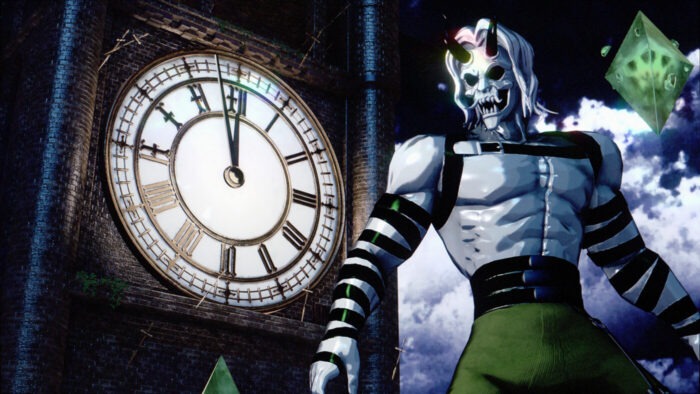 Image of a clocktower, with the main antagonist of the game in the foreground - Devil horns, built with green pants