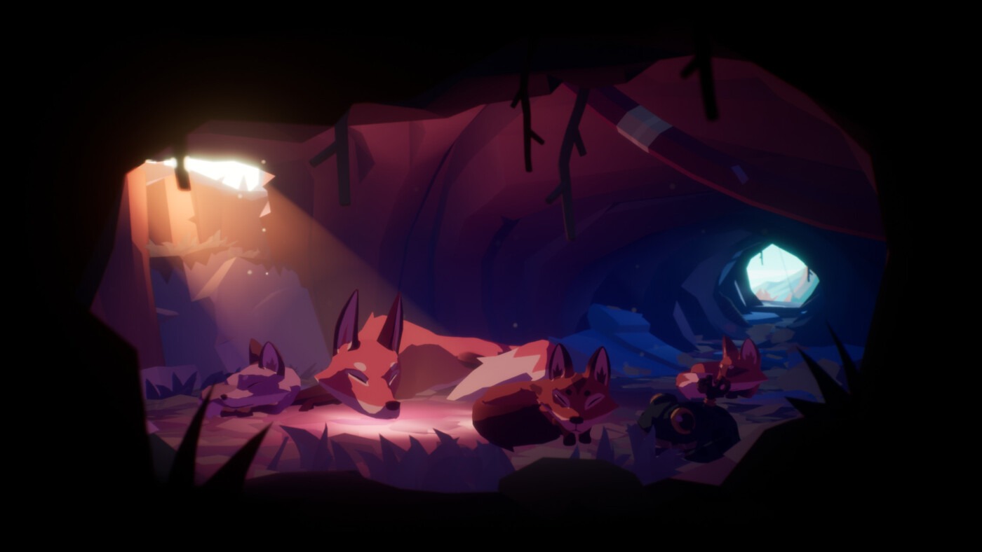 A sleeping cartoon fox and three smaller foxes