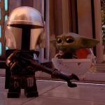 The Mandalorian and Grogu from Lego Star Wars: The Skywalker Saga with the 'Big Heads' Cheat Code
