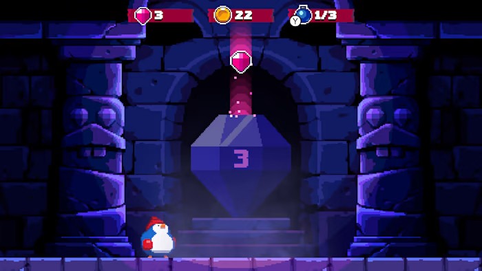 A pixel penguin stands in a temple