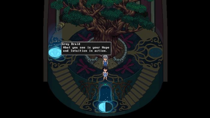 Gloria stands in a room with a large, vibrant tree growing in its centre. On the ground are three circles, one to the left that is glowing, one in the middle below Gloria that has its left half glowing, and one on the right that is not glowing. There is a pattern of dragonflies on the floor around the tree. An older woman dressed similarly to Gloria stands behind her, called 'Grey Braid'. She says to Gloria: 'What you see is your Hope and Intuition in action'.