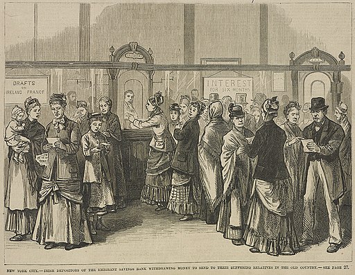 an old illustration of people at a bank