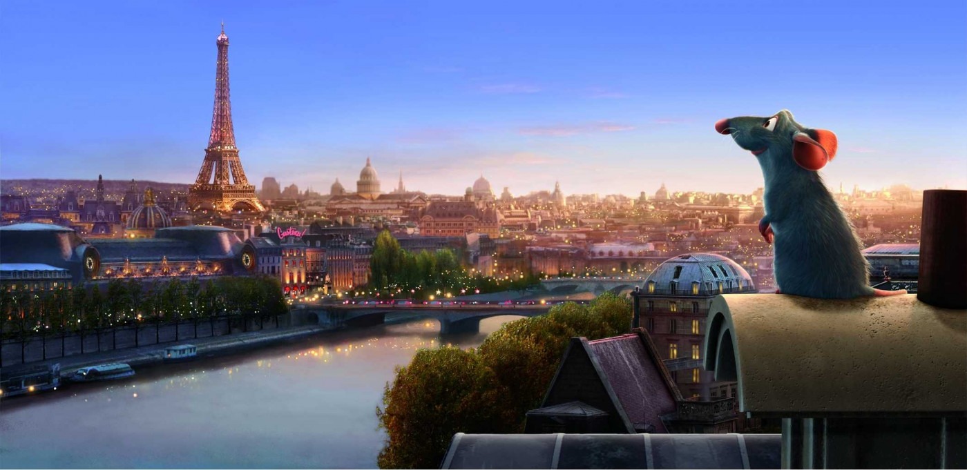 Remy, the main protagonist in the film 'Ratatouille', gazing at Paris' skyline