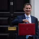 The UK's Chancellor of the Exchequer, Jeremy Hunt, holding the red Budget Box,