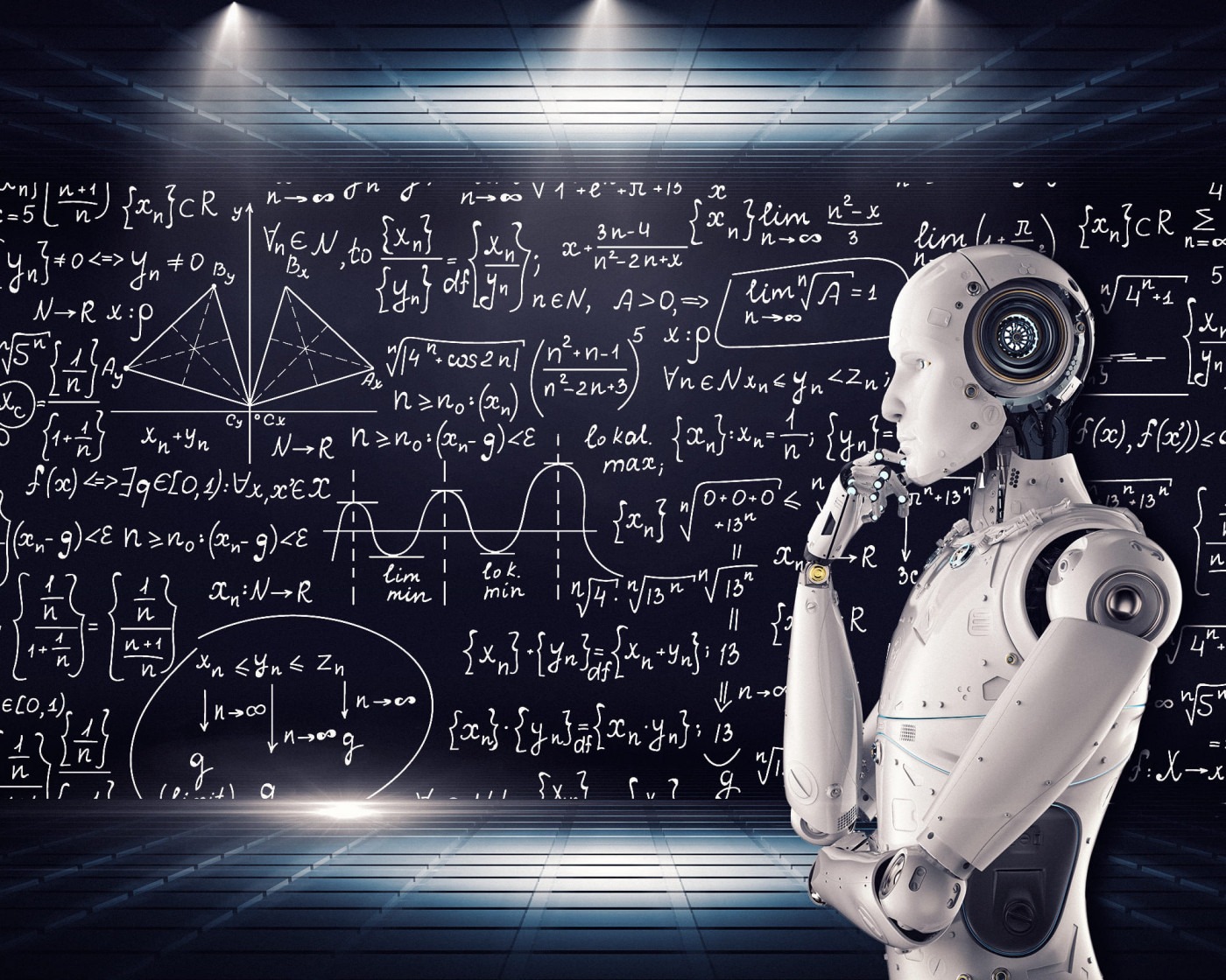 A thoughtful-looking robot next to a blackboard replete with mathematical text.