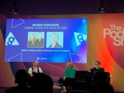 'Sports Podcasts: Taking Home the Gold in 2024' Panel, featuring Vicky Etchells, Gabby Logan and Mark Chapman. Image credit: Jasper Young.