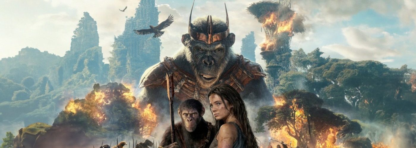 Film poster of The Kingdom of the Planet of the Apes depicting the main characters.