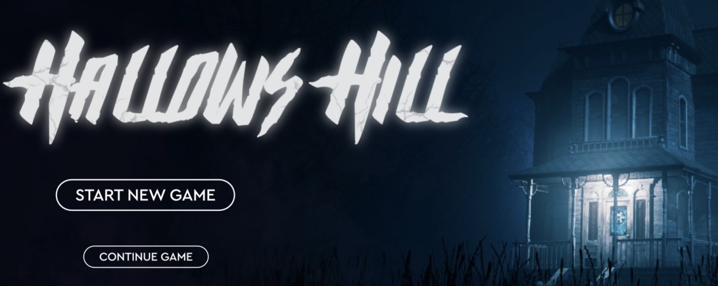 Title screen with Hallows Hill written in white and a building in the background