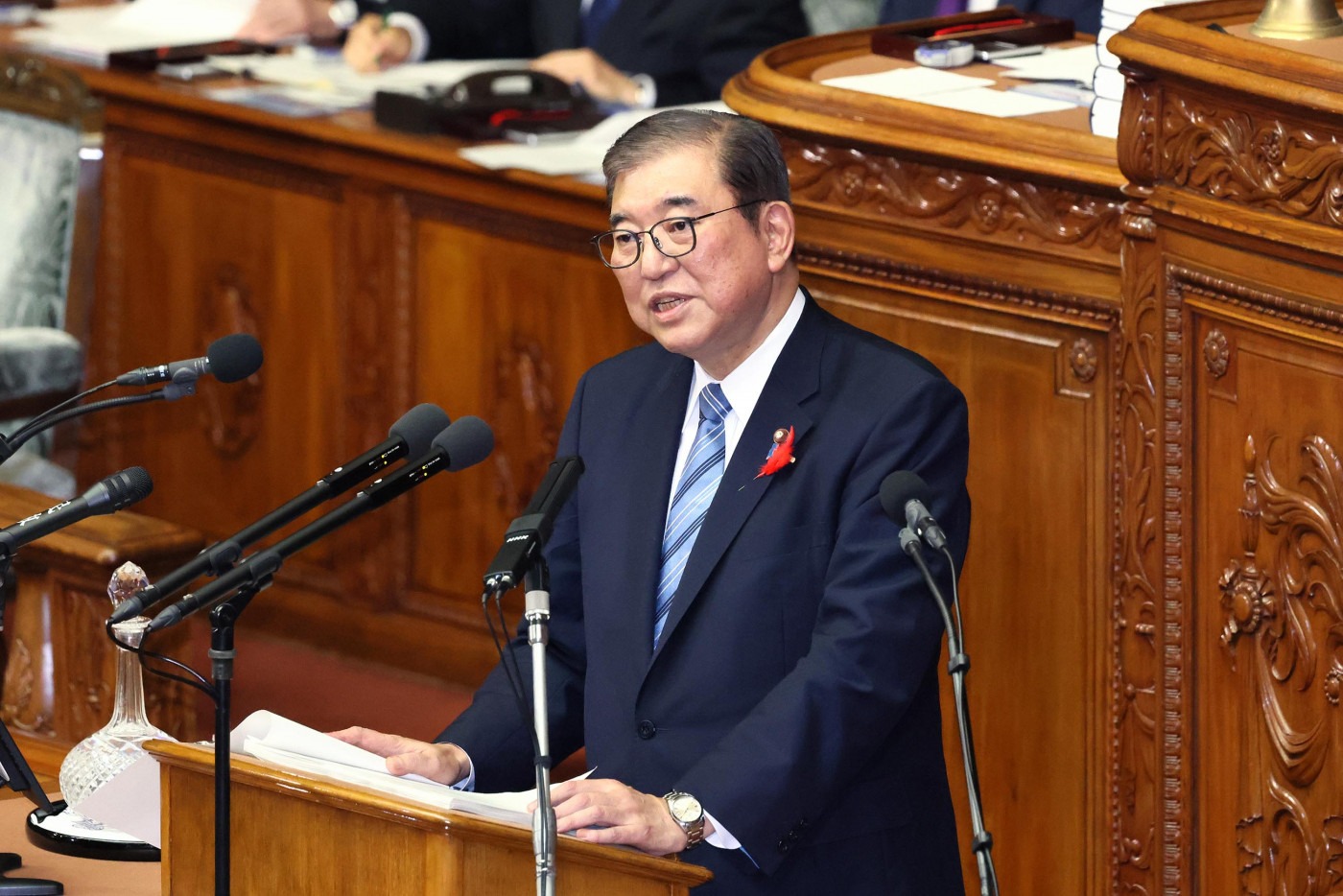 Japan's PM, Shigeru Ishiba, giving a speech in parliament.