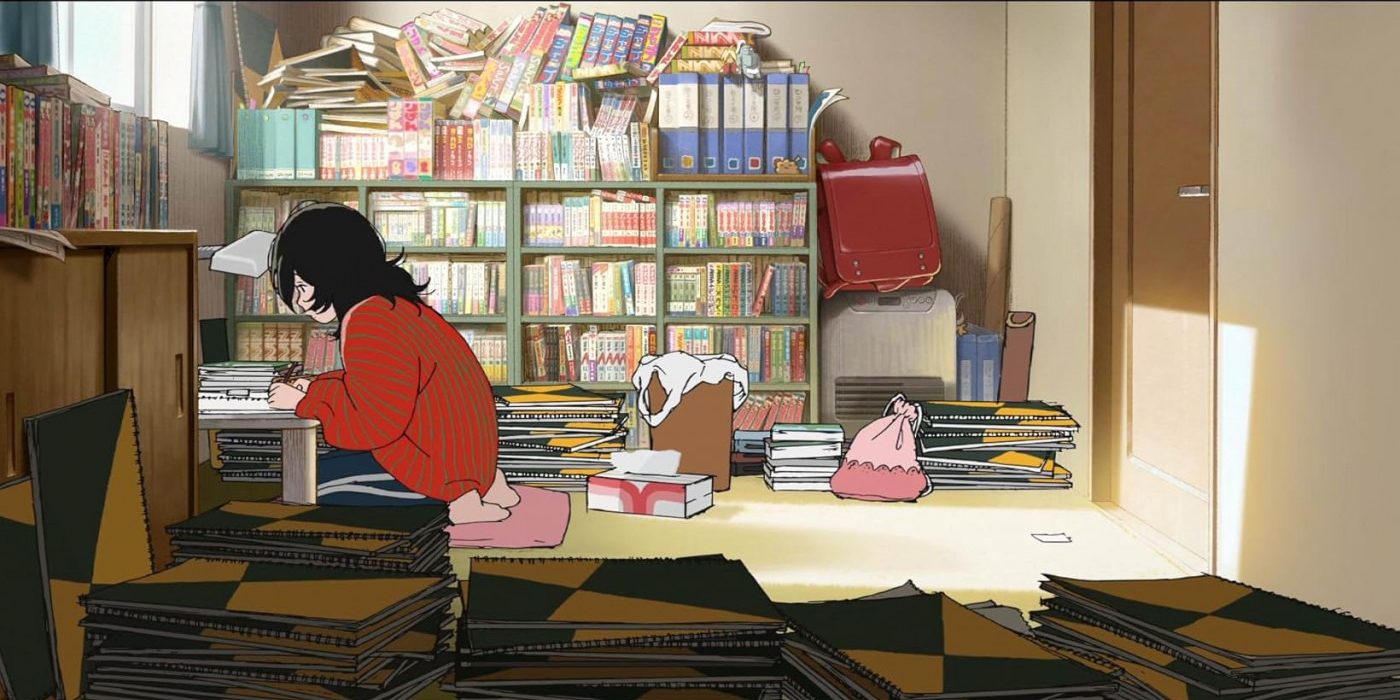 Anime film still of a girl sitting drawing at her desk in a cluttered room full of books