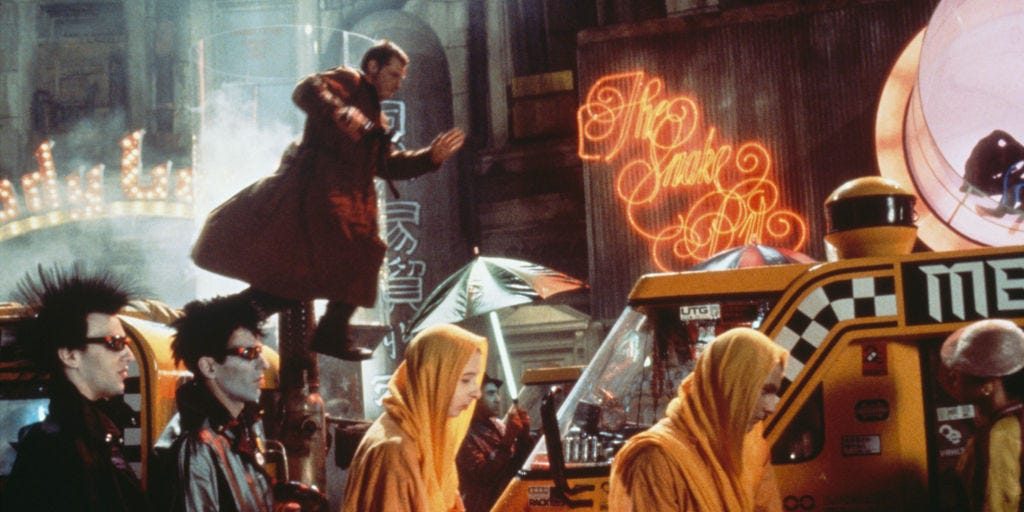 A futuristic busy urban street at nighttime with a man jumping above cars and people