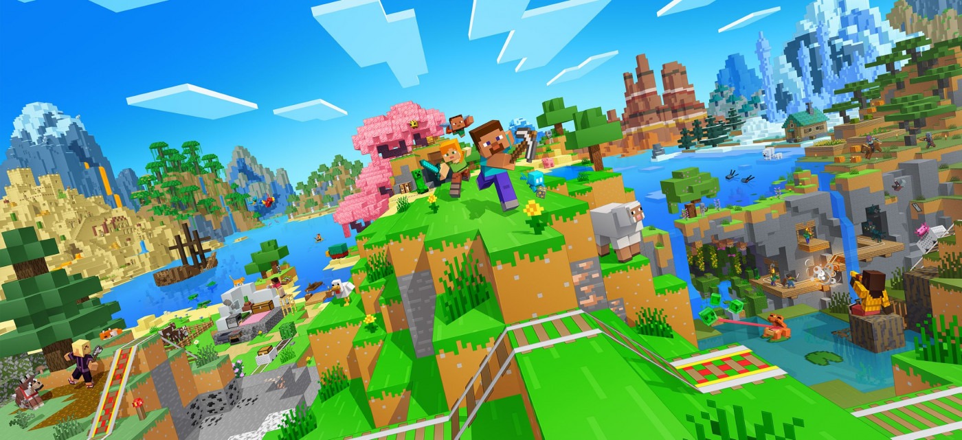 Minecraft artwork with blue shirt character running across blocky 3D world with a pickaxe