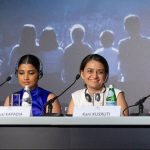 Indian film director Payal Kapdia and her group of actors sit for a panel at a Cannes film festival press conference