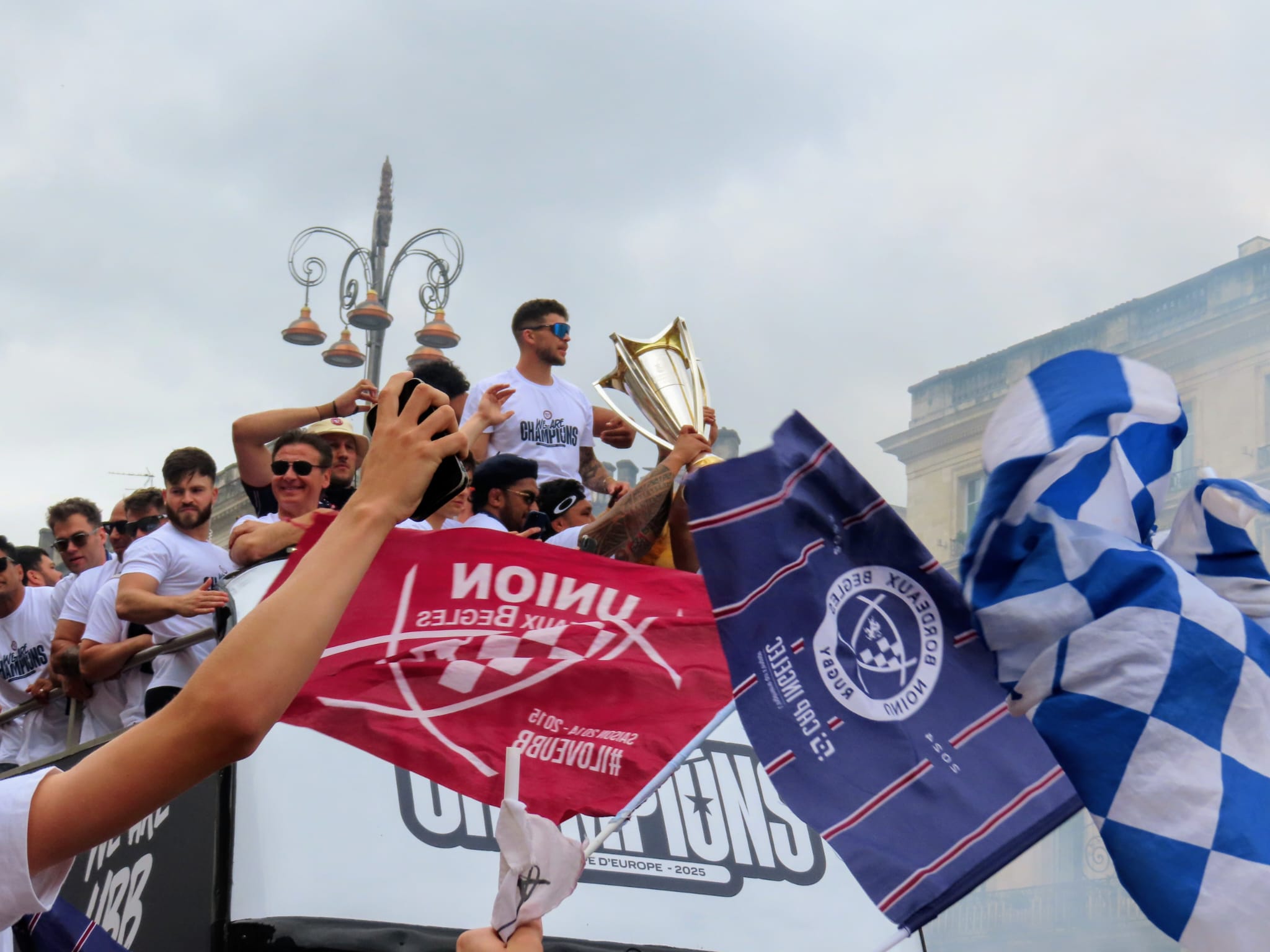 French Rubgy team Bordeaux (UBB) celebrate their victory in Champions Cup from an open top bus