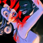 Digital art with bold colours showing vampiric characters from the film Sinners