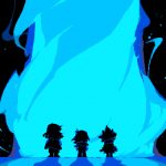three pixelated characters looking up at a blue fountain