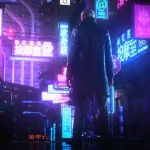 hitman artwork with neon signs in background