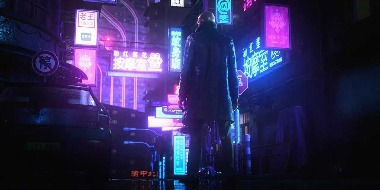 hitman artwork with neon signs in background