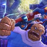 A cartoon-esque artwork featuring superhero characters from The Fantastic Four