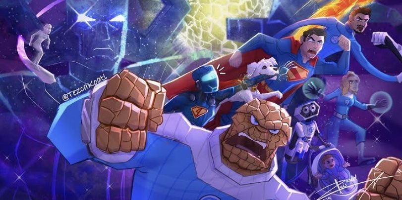 A cartoon-esque artwork featuring superhero characters from The Fantastic Four