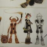 Illustrations of characters and dragons from the story 'How to Train Your Dragon'