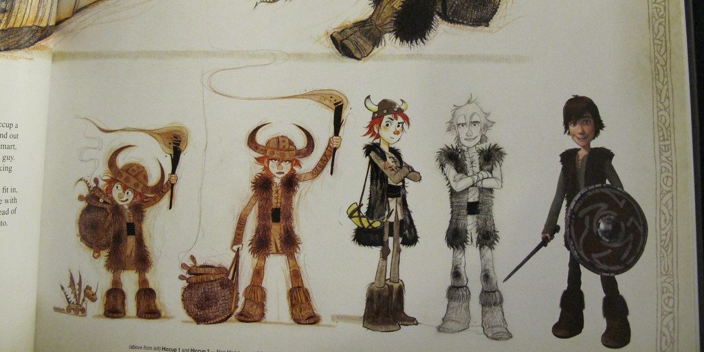 Illustrations of characters and dragons from the story 'How to Train Your Dragon'