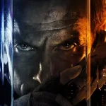 Black Ops 7 promotional material, bust shot of man holding gun close to head, on dual-colored background