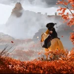 Ghost of Yotei, character on a horse, overlooking foggy mountain in an autumn landscape