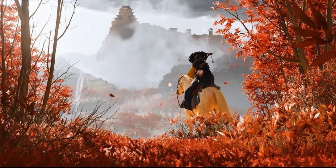 Ghost of Yotei, character on a horse, overlooking foggy mountain in an autumn landscape