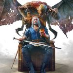 key game art from the Blood and Wine DLC of Gerlat sitting in a chair with a monster behind him.