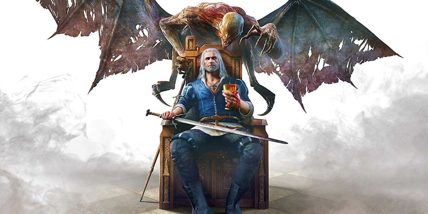 key game art from the Blood and Wine DLC of Gerlat sitting in a chair with a monster behind him.