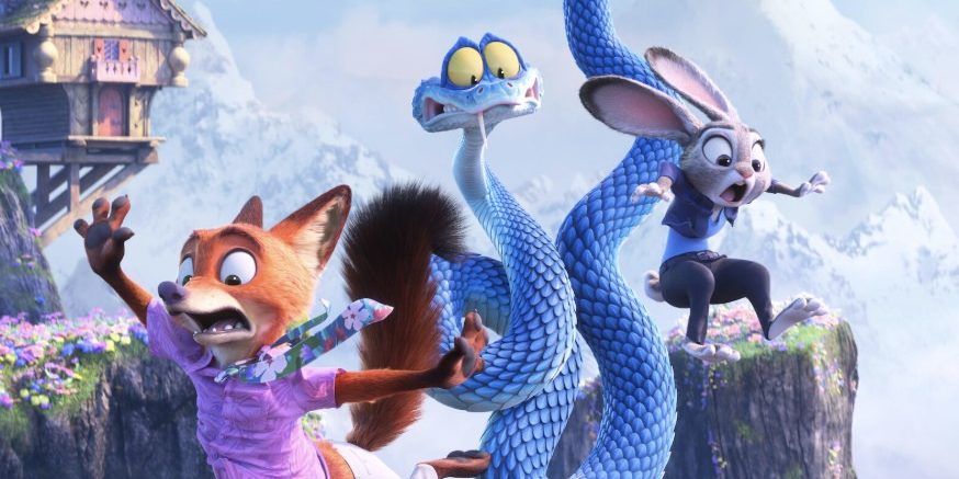 Three animated animals falling, from film Zootopia 2