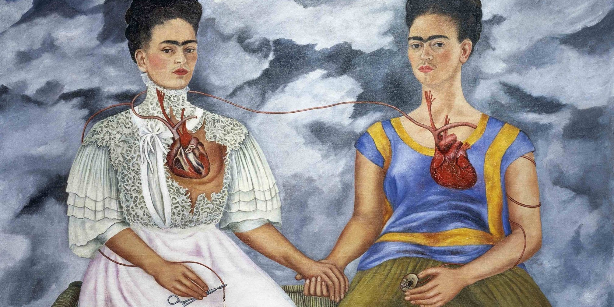 Two Fridas painting by Frida Kahlo, two identical women in different clothes