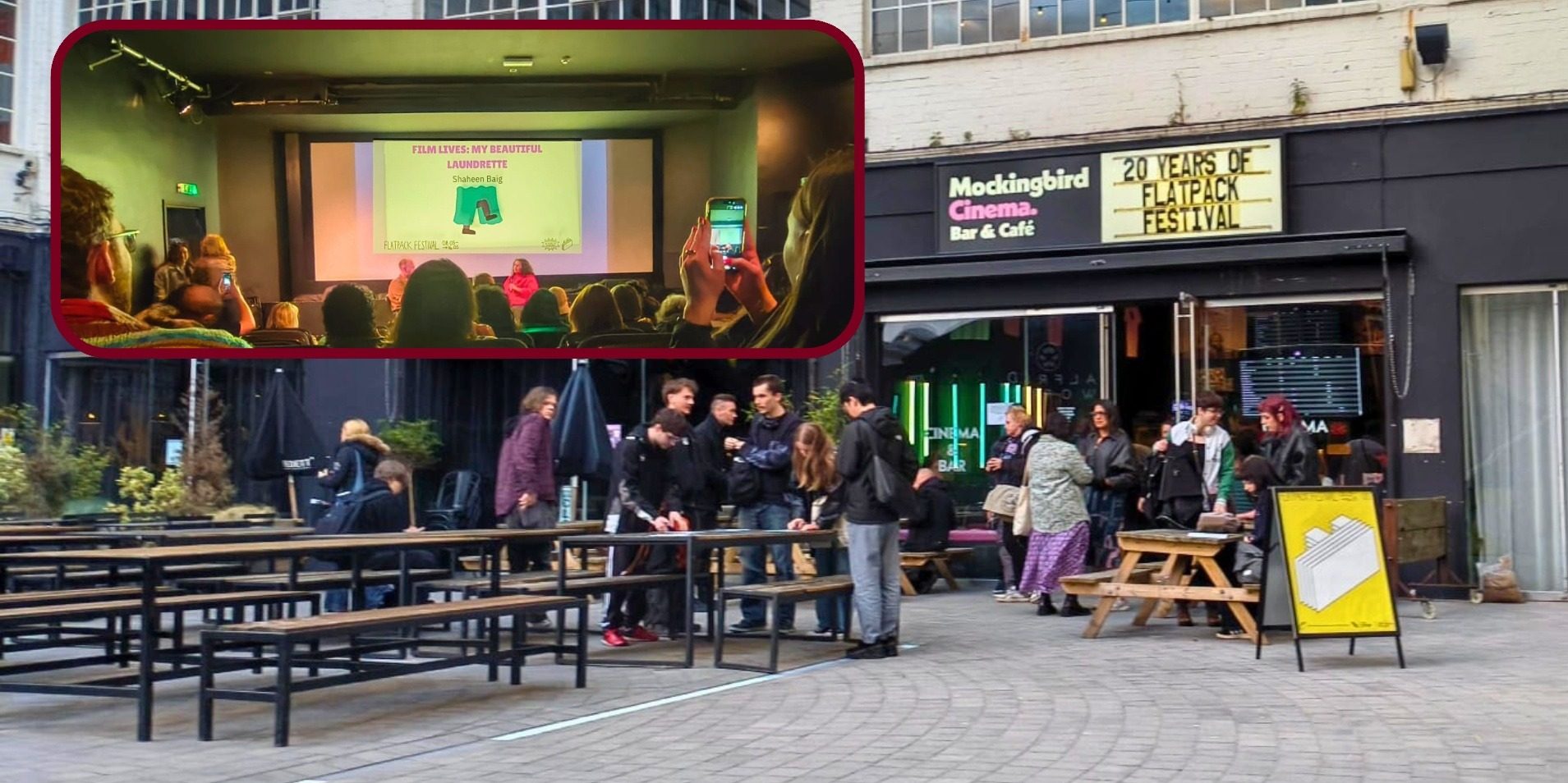 Background: exterior of Mockingbird Cafe Birmingham, Overlay: image of screening / Q&A