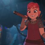 Animated character holding weapon and smiling