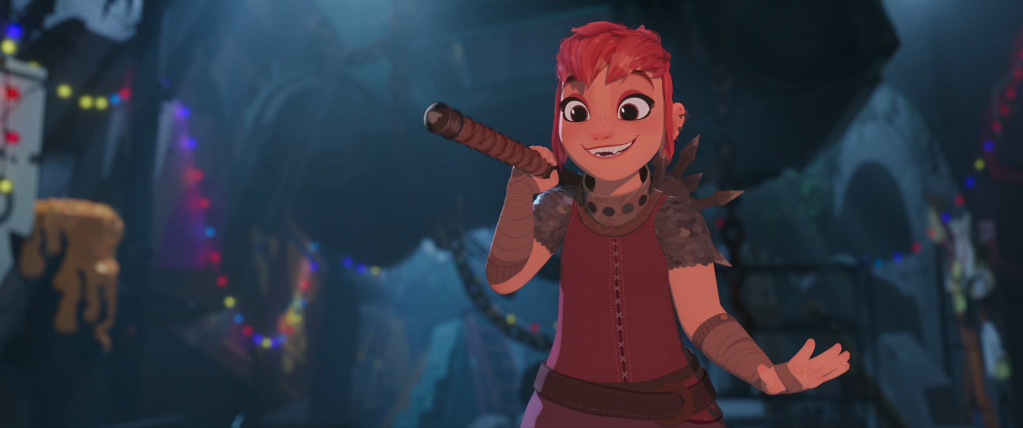 Animated character holding weapon and smiling