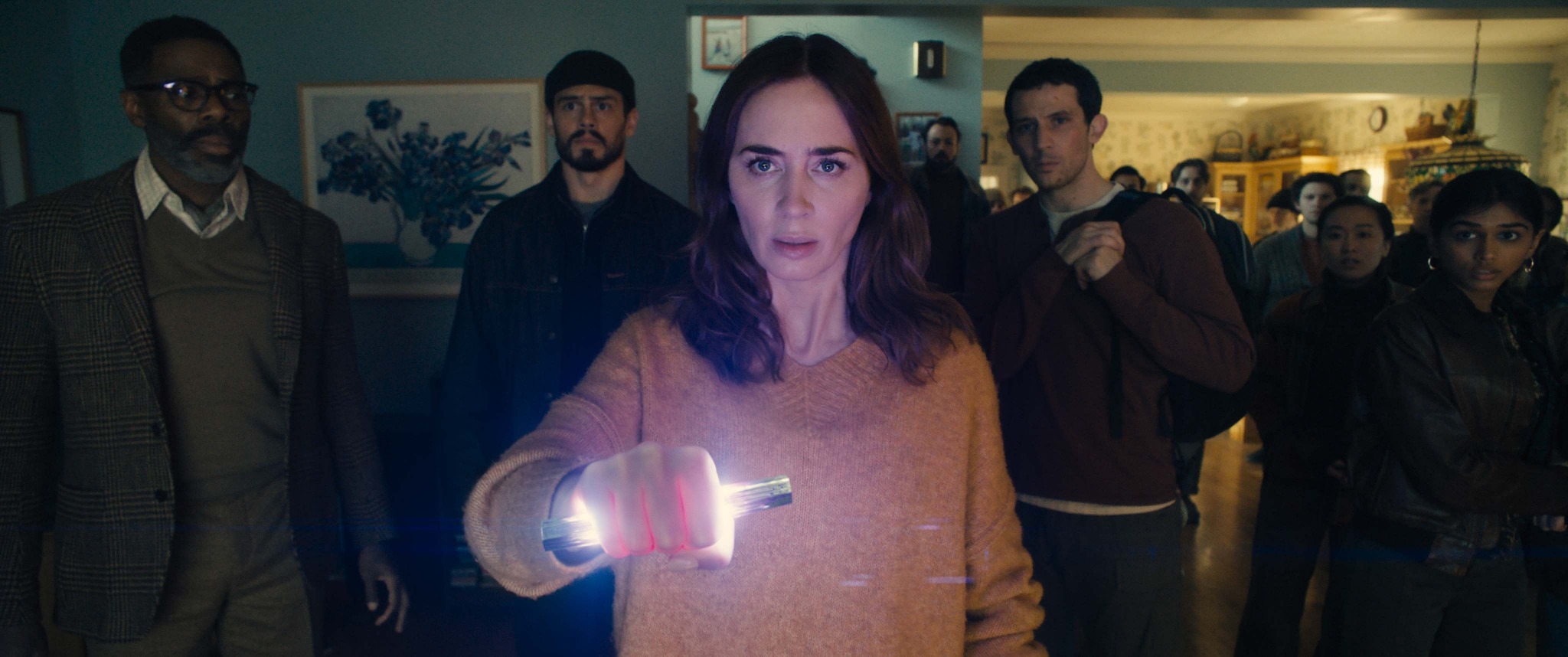 L to R: Colman Domingo is Hugo Wakefield, Tommy Martinez is Santiago, Emily Blunt is Margaret Fairchild, and Josh O'Connor is Dr. Daniel Kellner in DISCLOSURE DAY, directed by Steven Spielberg.