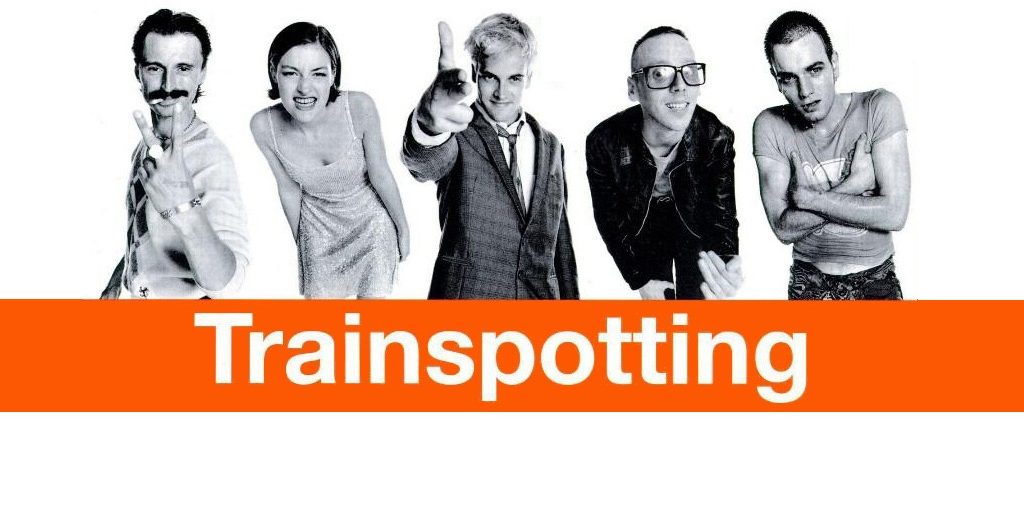 Cast of Trainspotting in B&W with film title below