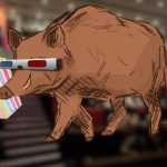 Boar with 3D glasses and popcorn in a cinema
