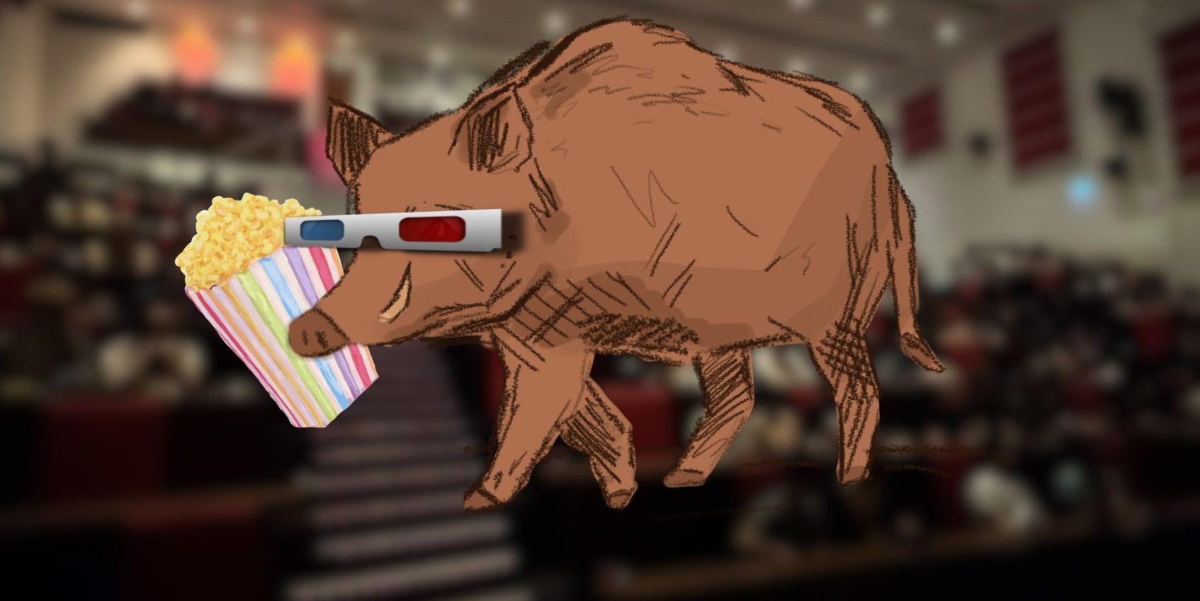 Boar with 3D glasses and popcorn in a cinema